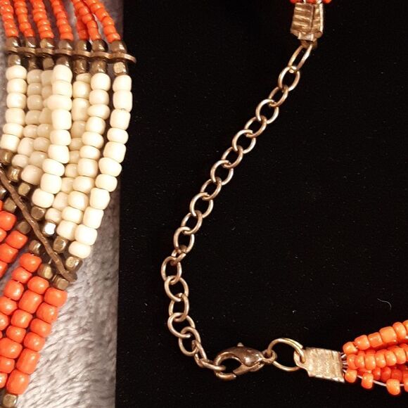 Beaded Ivory and Orange Necklace - Picture 3 of 5